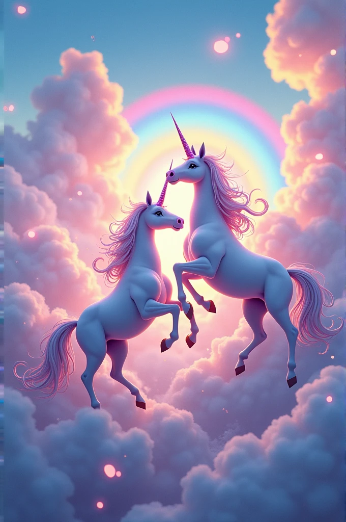 a colorful image with unicorns and rainbows in the clouds