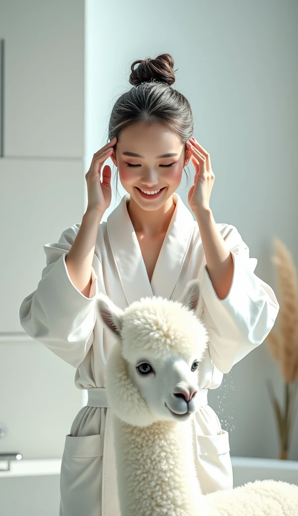 Create an Asian beauty，Standing on the ground，Hair in a bun，Beautiful beautiful big eyes，Regular facial features，Wearing a white satin bathrobe，Scratch your scalp with both hands，Two hands washing hair on top of head，There is a lot of real white foam and water on the hair，Foam wrap head，Real bubbles，Open your eyes，The expression is happy，The characters are realistic and realistic，There is a pure white cute alpaca next to it，Showing the whole body of the alpaca，Pure white high-end bathroom background，Character front position，9:16 frames，Ultra-high-definition picture quality