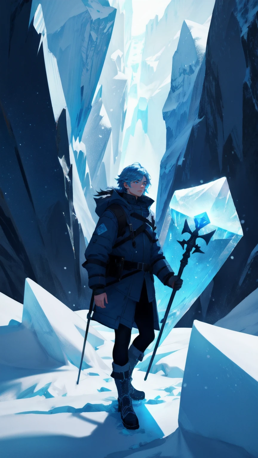 A lone adventurer stands on the edge of a glacier, holding a glowing beacon labeled "Crypto Winter Survival Kit." The beacon emits a warm, blue light that contrasts with the icy, blue-toned surroundings. Snow and ice stretch out as far as the eye can see, with jagged peaks piercing the sky. The adventurer's breath is visible in the cold air as they look down into a deep, dark crevasse, considering their next move. The background is a blend of deep blue shadows and bright, icy highlights, emphasizing the chilling beauty of the crypto winter.