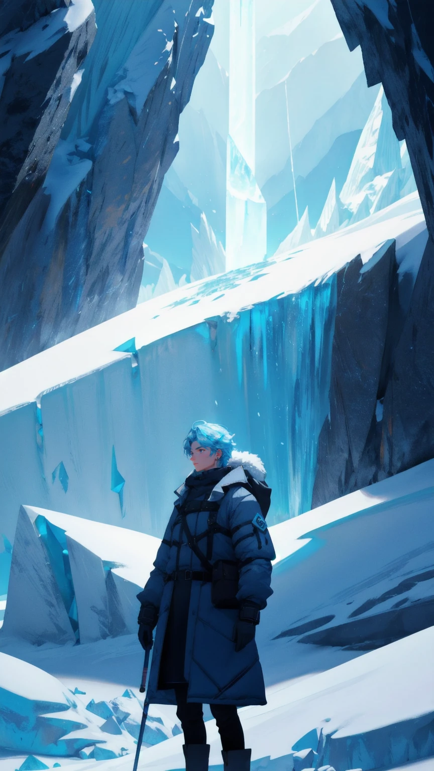 A lone adventurer stands on the edge of a glacier, holding a glowing beacon labeled "Crypto Winter Survival Kit." The beacon emits a warm, blue light that contrasts with the icy, blue-toned surroundings. Snow and ice stretch out as far as the eye can see, with jagged peaks piercing the sky. The adventurer's breath is visible in the cold air as they look down into a deep, dark crevasse, considering their next move. The background is a blend of deep blue shadows and bright, icy highlights, emphasizing the chilling beauty of the crypto winter.