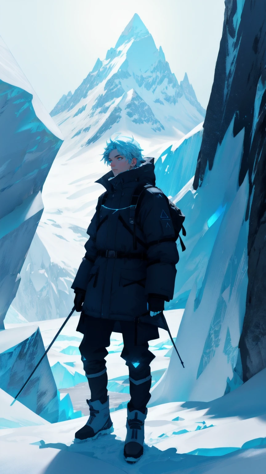 A lone adventurer stands on the edge of a glacier, holding a glowing beacon labeled "Crypto Winter Survival Kit." The beacon emits a warm, blue light that contrasts with the icy, blue-toned surroundings. Snow and ice stretch out as far as the eye can see, with jagged peaks piercing the sky. The adventurer's breath is visible in the cold air as they look down into a deep, dark crevasse, considering their next move. The background is a blend of deep blue shadows and bright, icy highlights, emphasizing the chilling beauty of the crypto winter.