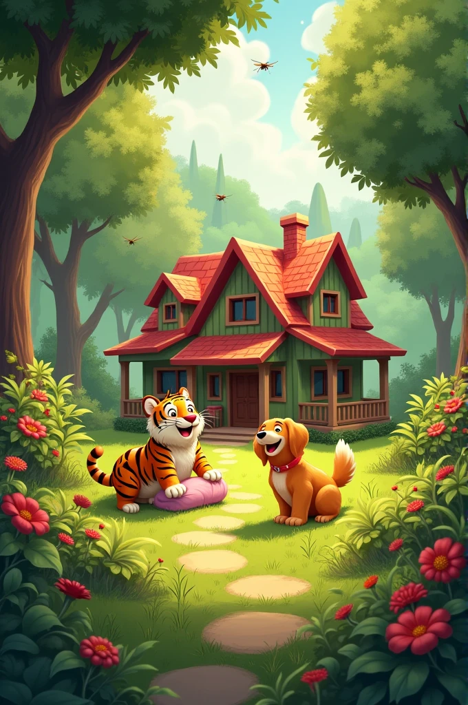 A cozy house surrounded by a big garden.
Action: Toby, a young and playful tiger, wakes up first. He stretches, yawns loudly, and pounces on Dax, a happy-go-lucky golden retriever who is still snoozing in his bed. Dax jumps up in surprise as Toby rolls over, laughing