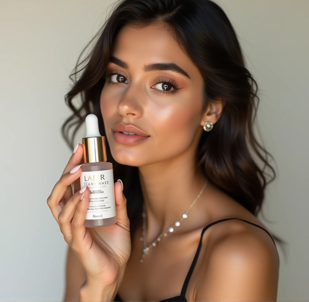 Pakistani model, holding skin serum in hand, photography