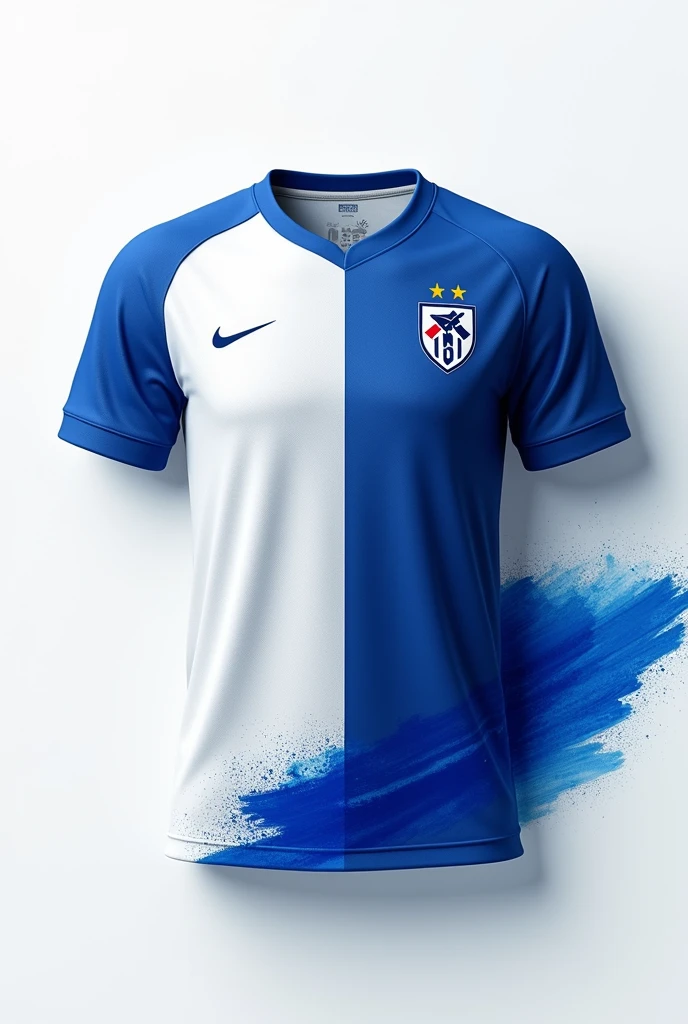 White and deep blue football jersey, image of small portion of blue ball splash in brush paint on lower corner, write "Jamuna Bank Agrabad Branch" in the middle.
Remove logos