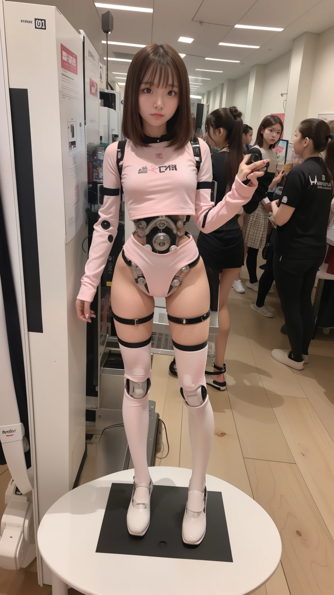 robot girl, pink there, Silver, Metallic body, Robot Parts, Metal Parts, Super Detailed Face, Super well-formed face, of the highest quality, a small face, a small head, Brown hair, slender body, Camera gaze, Internal Mechanical Exposure, Idol, Well-proportioned body, gravure, Photo session, Akihabara, Moe Pose, Standing with legs open, Model body type, sad, Embarrassing,(Perfect Robot Girl),(Perfect machine body)