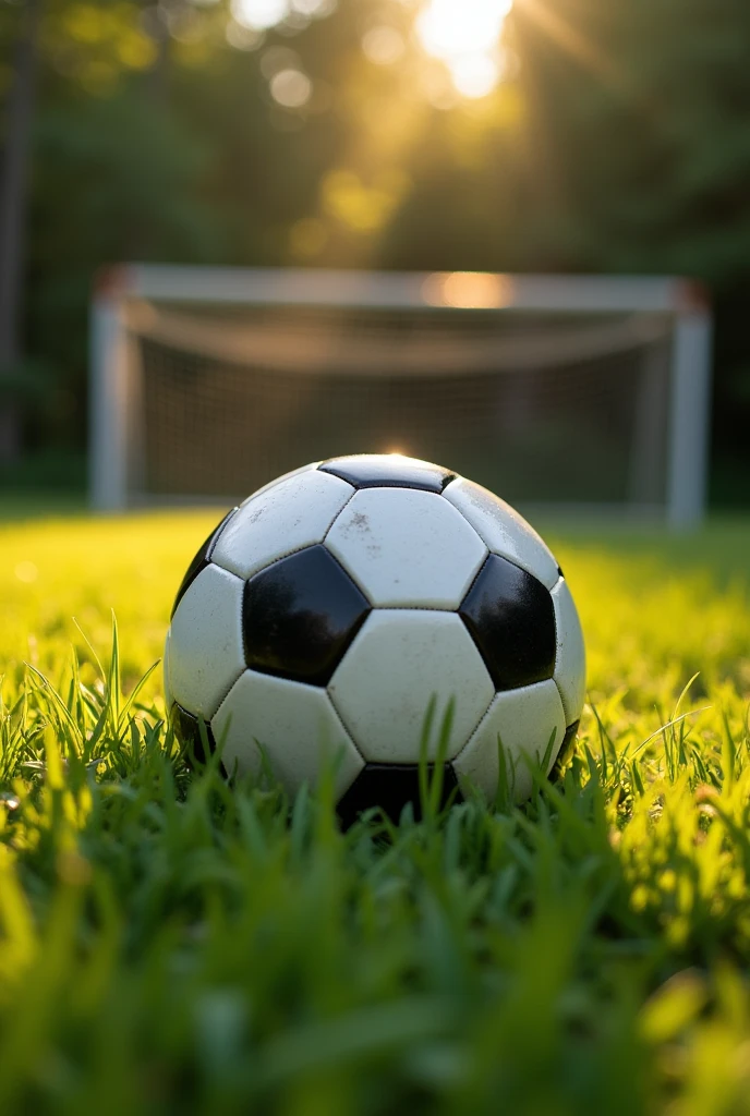 "A close-up of a classic black and white soccer ball resting on a grassy field with a blurred soccer goal in the background. The field is lush and green, bathed in warm sunlight. The grass is slightly uneven, with patches of taller blades near the ball, adding to the natural outdoor setting. The soccer goalposts are slightly rusty, hinting at frequent use, and the surrounding trees are dense, casting light shadows on the field. The overall atmosphere is calm, with a focus on the soccer ball as the central object."