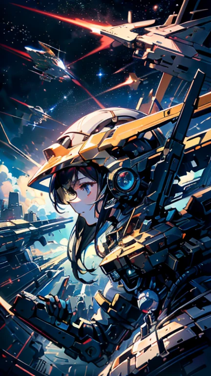 (((masterpiece))), (((Highest quality))), ((Very detailed)), (Highly detailed CG illustrations), ((Very delicate and beautiful)),(From the side),Cinematic Light,The moment when a girl climbs into the cockpit、Long black hair、Japanese、In the cockpit,Starry Sky, Big Clouds,colored glaze,Golden Universe,Space Station、Preparing for takeoff、Spacesuit、Aiming for Andromeda、Toa Heavy Industries decals、Lonely smile,A cable connects the body to a small spacecraft、Close the hatch,Complex Instrumentation