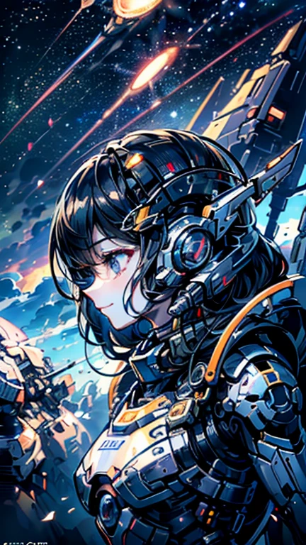 (((masterpiece))), (((Highest quality))), ((Very detailed)), (Highly detailed CG illustrations), ((Very delicate and beautiful)),(From the side),Cinematic Light,The moment when a girl climbs into the cockpit、Long black hair、Japanese、In the cockpit，Starry Sky, Big Clouds,colored glaze,Golden Universe，Space Station、Preparing for takeoff、Spacesuit、Aiming for Andromeda、Toa Heavy Industries decals、Lonely smile，A cable connects the body to a small spacecraft、Close the hatch，Complex Instrumentation