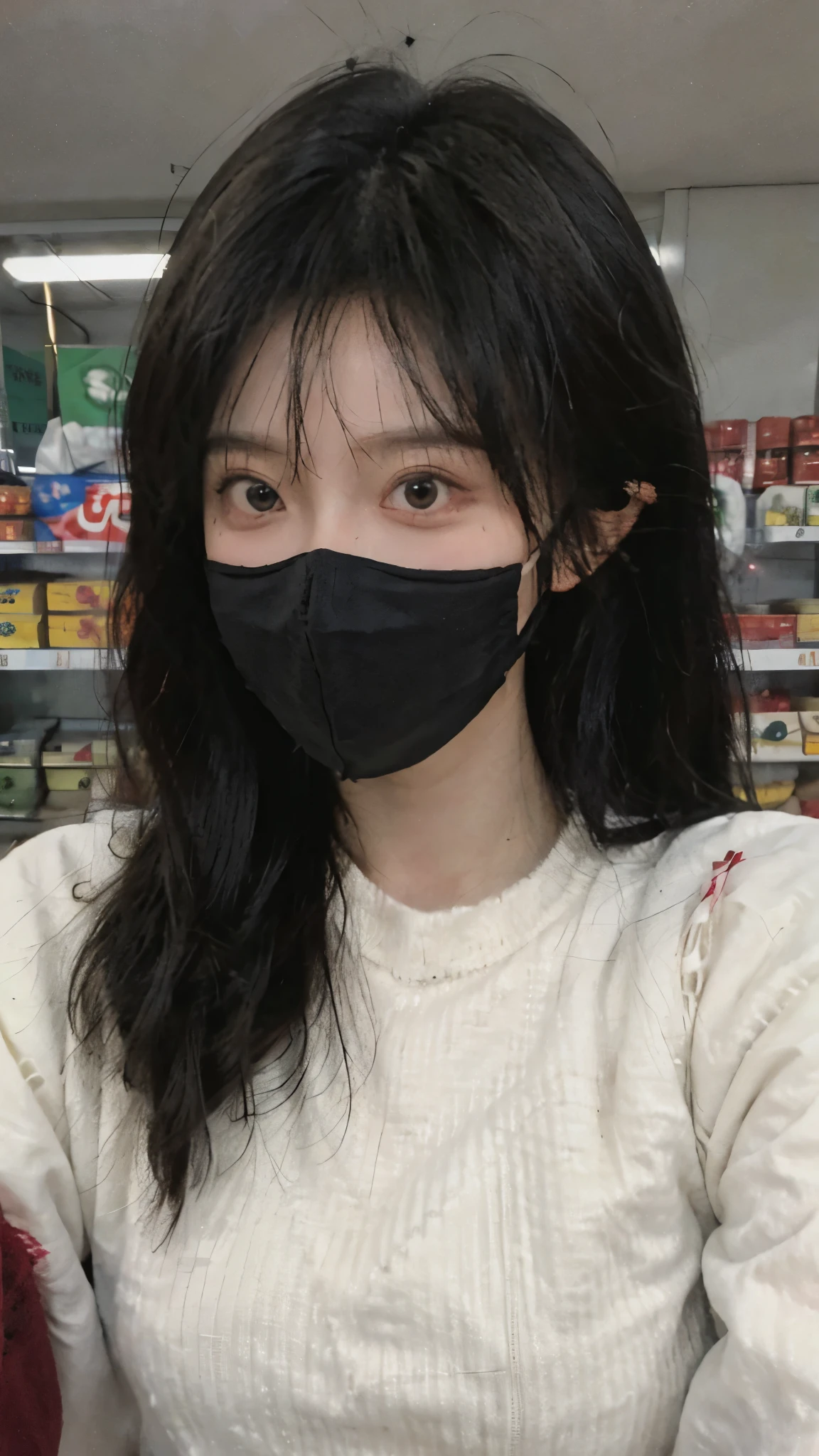 wear mask,Best quality,wear mask,Ultra-high resolution,(Realism:1.4),wear mask,Cute hairpins,girll,Cropped black sweater,wear mask,Look directly at the audience,Full of atmosphere,Beautiful woman with a slim figure:1.4,supermarket,whole body,Super delicate face,Exquisite eyes,Double eyelids,necklace