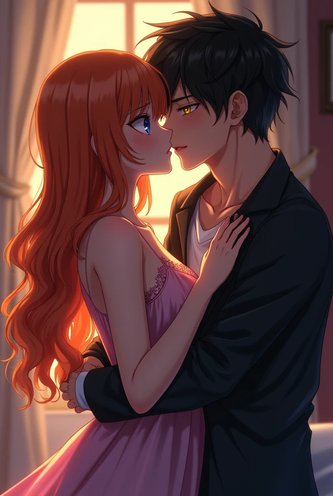 An orange-haired girl with a cute face and blue eyes. She wore a slightly sexy nightgown. she was hugging and kissing a man with black hair and yellow eyes. character anime.