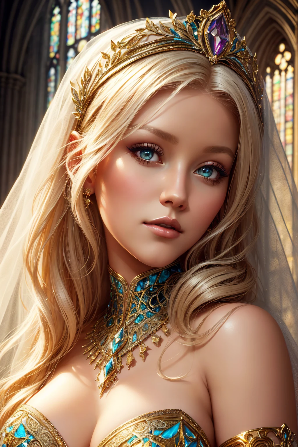 portrait Christina Aguilera, wearing sexy veil bride tiara outfit, in front of the altar of the Notre Dame Cathedral, 6 0 3 0 s, wavy hair, intricate, elegant, highly detailed, digital painting, artstation, concept art, smooth, sharp focus, illustration, art by thomas kindkade, charlie bowater, artgerm, greg rutkowski, alphonse mucha and alexandra fomina, 36k, glittering, shining