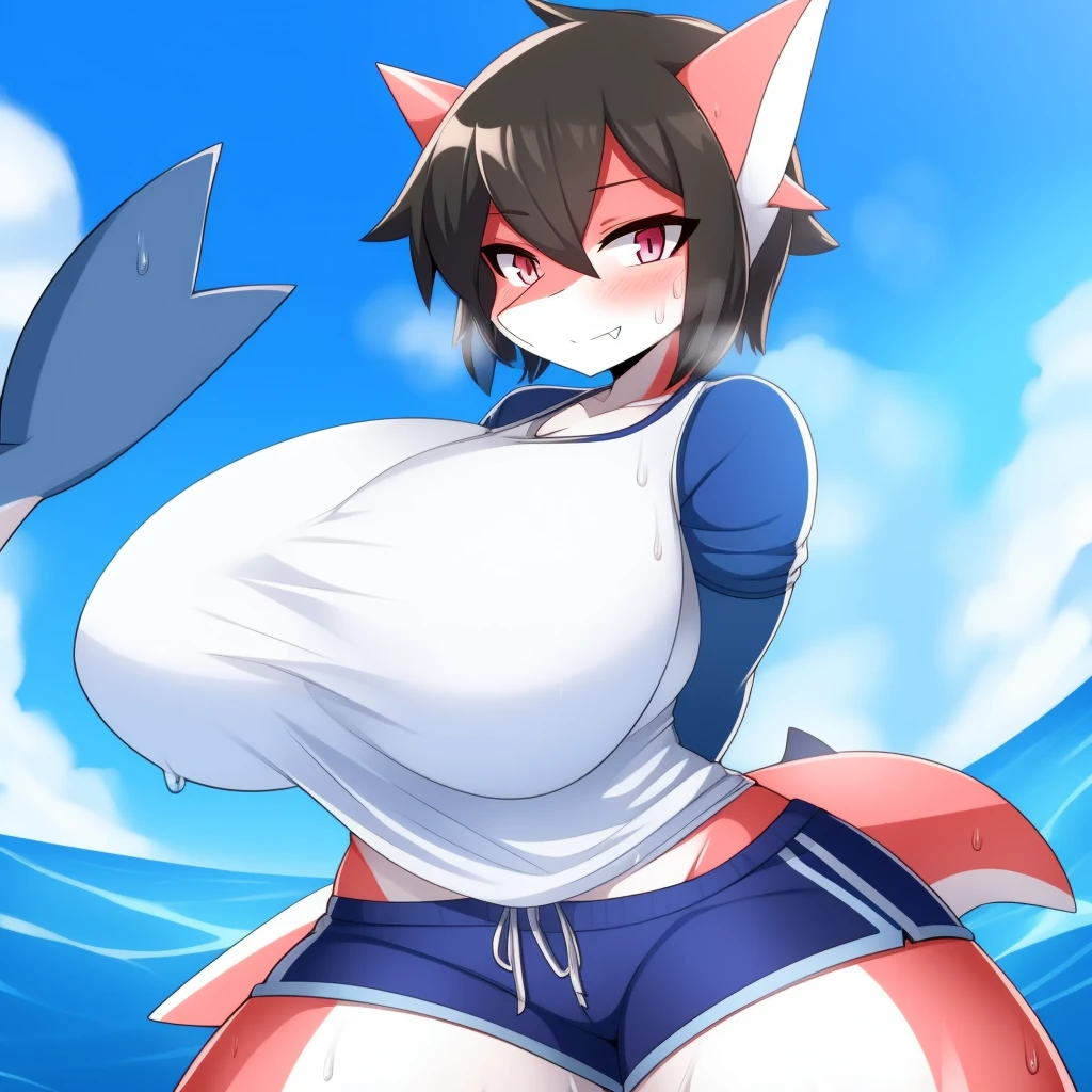 Shark girl, very y, bigearing a short white sports shirt and shorts, Sweating