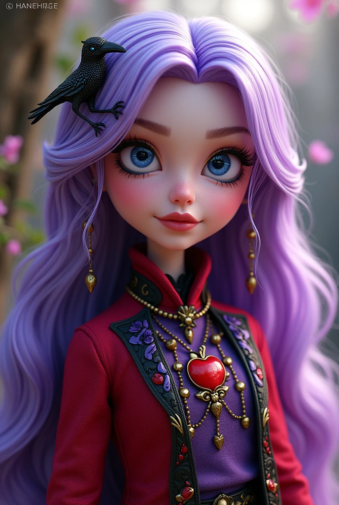 Imagem do filho da Raven Queen e da Apple White de Ever After High: LnF , with blonde and purple hair, Caucasian skin, blue colored eyes, red and purple outfit with apple and crow elements on the outfit 
