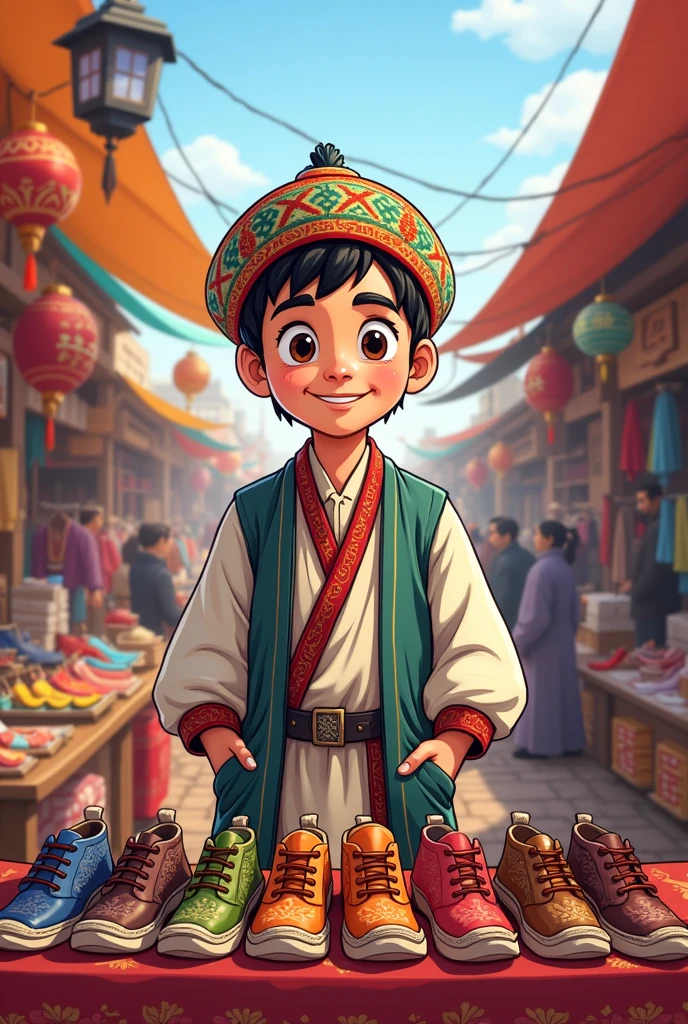 Cartoon image of a young man from Xinjiang, China, selling shoes