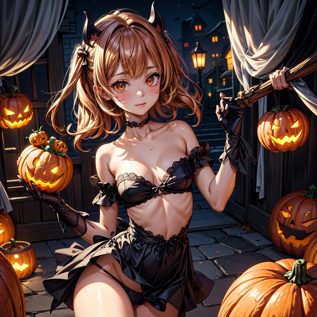 NSFW, ((masterpiece, best quality, extremely detailed, absurdres)),Please draw a realistic, high-definition animated illustration. The theme is Halloween, and the main character is a cute girl wearing a pumpkin on her head. She is dressed in her underwear, but her face is well hidden by the pumpkin mask and she is shyly posing in a cute pose. The background depicts cute monsters such as ghosts, bats, and jolly skeletons enjoying the Halloween festivities with snack candy. Decorated with lanterns, spider webs, and Halloween decorations, the background has a bright and lively atmosphere. The style has a dramatic touch, with deep shadows and a storybook feel, yet still retaining elements of animation. --sexy, --erotic, --adult, --underwear, --pumpkin head, --snack candy