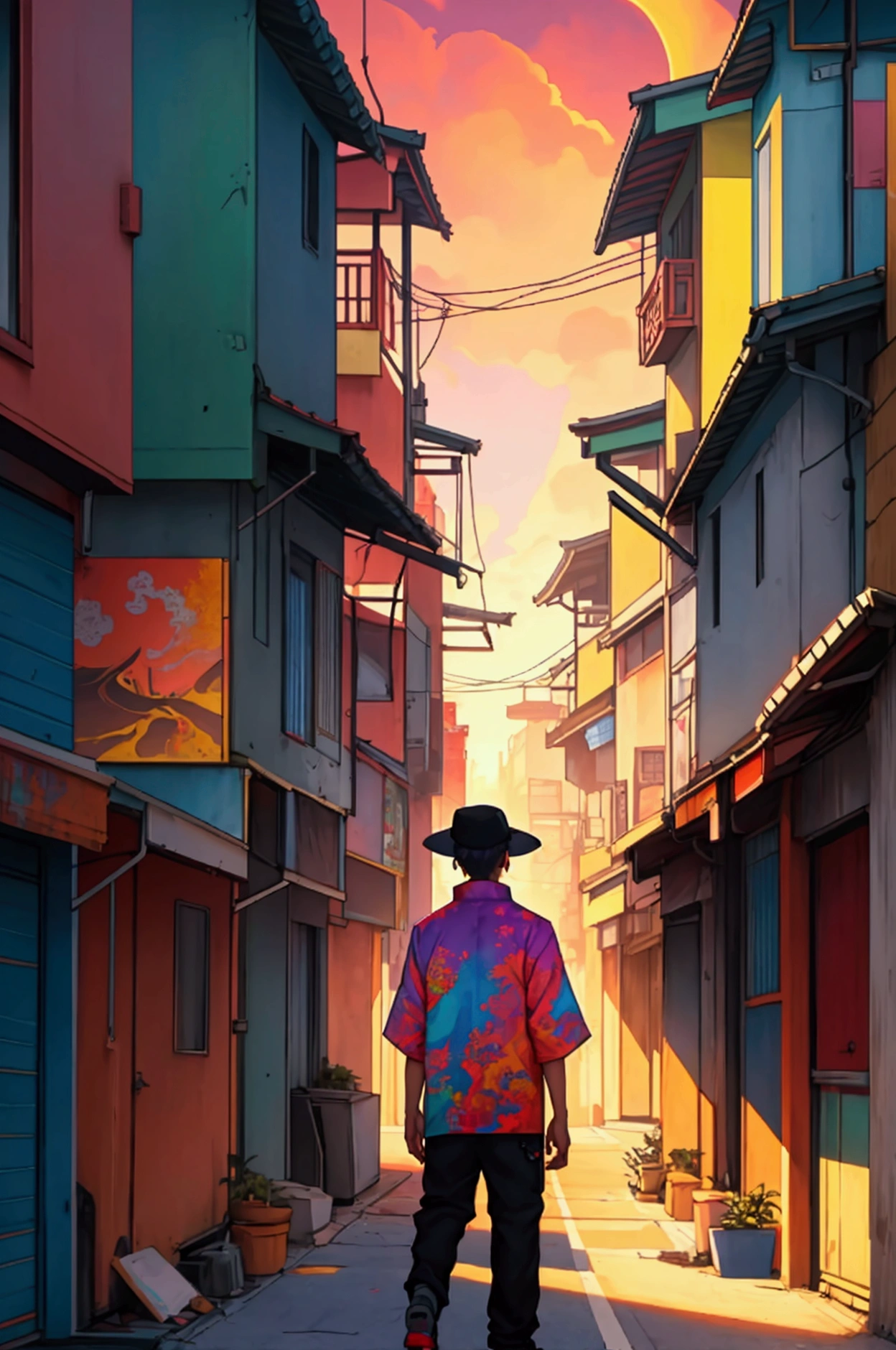 Album Artwork of an urban landscape featuring a psychedlic sunset with VIBRANT COLORS AND a boy of 20 years in the rooftop of a building swearing urban clothes with a chinesse douli hat without revealing his face.