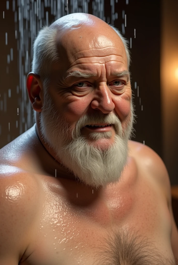 a detailed of an elderly, obese white beard Dominican monk with an attractive, kind facial expression, warm lighting, takes a shower, view to full length, detailed facial features, photorealistic, 8k, (best quality, 4k, 8k, highres, masterpiece:1.2), ultra-detailed, (realistic, photorealistic, photo-realistic:1.37), HDR, UHD, studio lighting, ultra-fine painting, sharp focus, physically-based rendering, extreme detail description, professional, vivid colors, bokeh