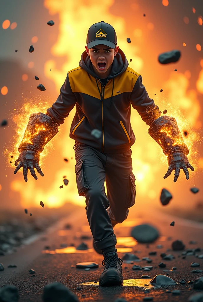 Malaysia man. real age age . 15 Malaysia Indonesia. (Yello eyes) Anger face. Open mouth . wearing an (black yellow ) zip-up shirt. Hoodie. Black stripe yellow. Lava design black orange shirt, (black yellow ) cap with small (mountain) logo, detailed face. Glowing eyes.. black cargo pant , cinematic lighting, dramatic atmosphere, vibrant colors, 8k, high quality, photorealistic. Hero suit. (Earthquake come from his hand.wear two big gaunlet made from cracking rock color black yellow glowing .jeans pants. Very strong. Future design dress. Very epic. Earthquake everywhere. Shaking photography effect. Floating rock everywhere. The man Punch the land . Cracking road.
