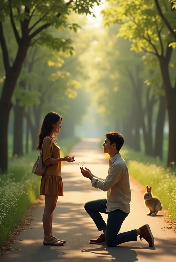 A boy proposes to a girl in an empty road and the boy gives her a ring Soo many tree in there and a beautiful rabbit