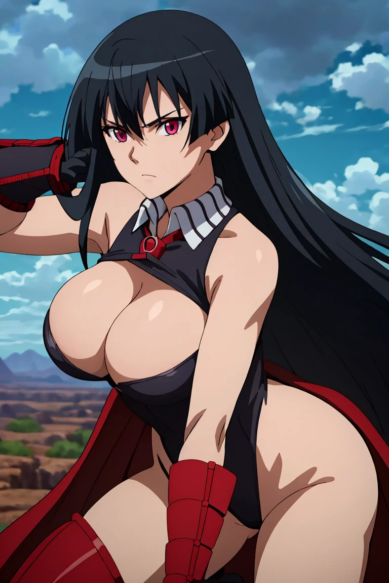 Master piece, best quality,"A detailed and striking illustration of a female warrior with long black hair, dressed in a sleek and slightly revealing outfit with dark and red accents. She stands in a dynamic, heroic pose with one leg slightly forward and her sword held confidently in her hand, the blade pointing downward. The camera angle is a low-angle shot, capturing her from below, making her appear powerful and dominant. The background features a moody, twilight sky with clouds tinged in deep red, adding a dramatic atmosphere. The image is designed to emphasize her strength and allure, with cinematic composition, trending on ArtStation."