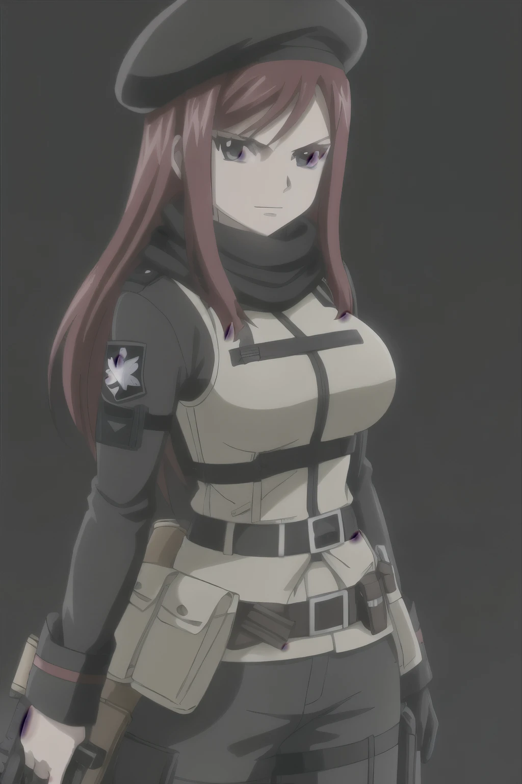 1girl, solo, Erza Scarlet, Fairy Tail, red hair, long hair, big breasts, facing the viewer, looking at viewer, sidelocks, black uniform, long sleeves, (bulletproof vest), (black scarf), belt pouches, (tactical belts), black cargo pants, black gloves, black beret, (black hat), (badges), (simple dark background)