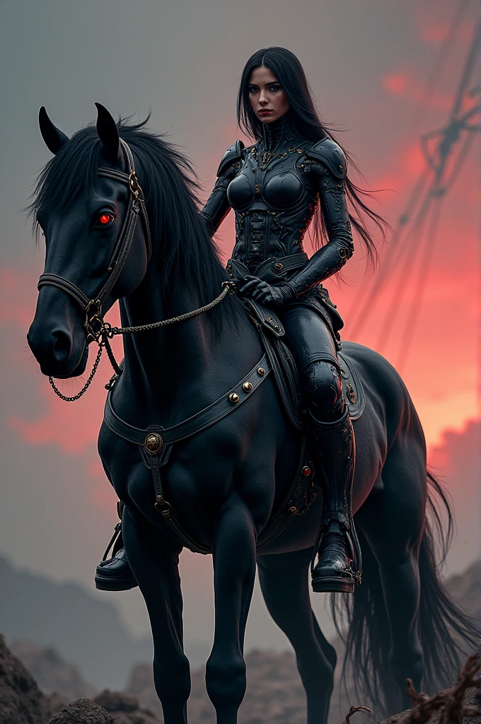 Cybernetic female on a demonic black horse