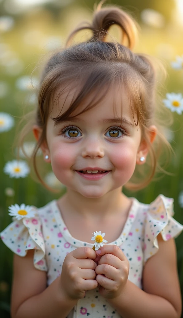 Create an extra realistic image of a named Maëlia, with big sparkling eyes and long lashes, smiling sweetly. She has full cheeks and is dressed in a light, floral-patterned dress. The photo captures her sitting in a field of daisies, with the soft sunlight highlighting her face, giving a natural glow to her delicate features. The image is captured with a prime lens featuring a wide aperture (f/1.4 or f/1.8) for shallow depth of field, ensuring a creamy bokeh that softly blurs the background while keeping her facial features incredibly sharp. The style of image is Dark Studio. A zoom effect using a telephoto lens is employed to slightly compress the background, making the flowers appear closer and enhancing the subject's prominence. Ensure that her hands are visible with exactly five fingers. Negative prompt: No additional fingers, out of frame, lowres, text, error, cropped, worst quality, low quality, jpeg artifacts, ugly, duplicate, morbid, mutilated, out of frame, extra fingers, mutated hands, poorly drawn hands, poorly drawn face, mutation, deformed, blurry, dehydrated, bad anatomy, bad proportions, extra limbs, cloned face, disfigured, gross proportions, malformed limbs, missing arms, missing legs, extra arms, extra legs, fused fingers, too many fingers, long neck, username, watermark, signature.