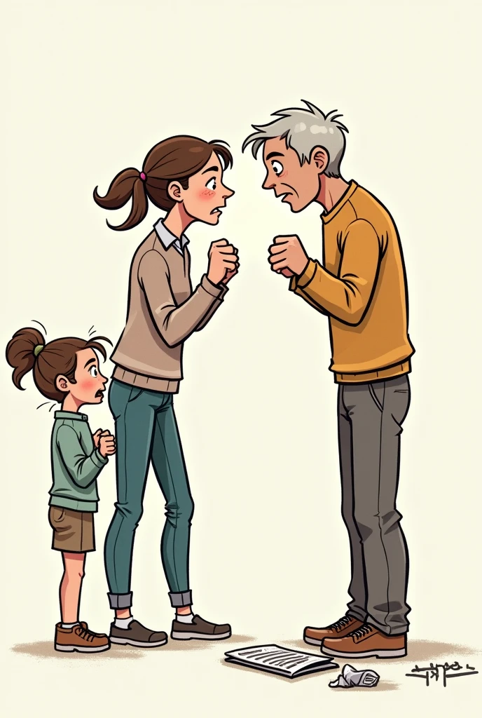 A sketch like a comics of a parents arguing, make it just a simple drawing like a cartoon, something like that for a comics.
And now a their child came out make it a girl and saw them.
Can you make it like she's far a little from her parents and she's witnessing how her parents fight