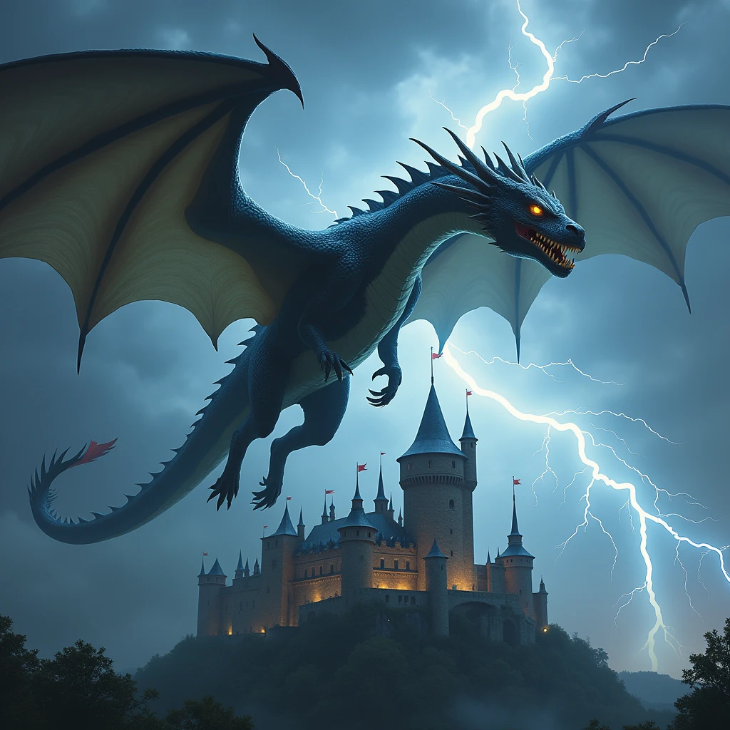 A majestic dragon soaring over a medieval castle, with lightning illuminating the stormy sky