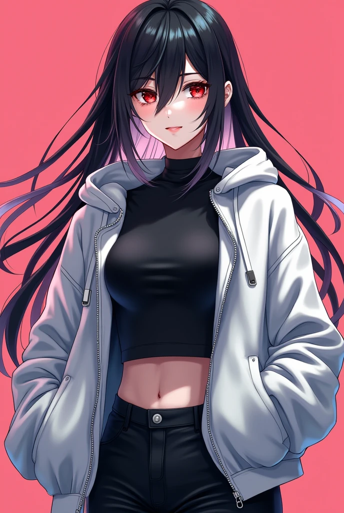(masterpiece, best quality, very detailed), (beautiful face details), (beautiful eye details), (beautiful hand details), high contrast, (best lighting, very smooth and beautiful), very detailed, intricate details, ( 1 girl, solo, black and white multicolored hair, sharp face, long hair, red eyes, hair between the eyes), a woman with an open white hooded jacket, wearing a black t-shirt underneath and black pants, single character whole body, whole concept body, modern futuristic anime style