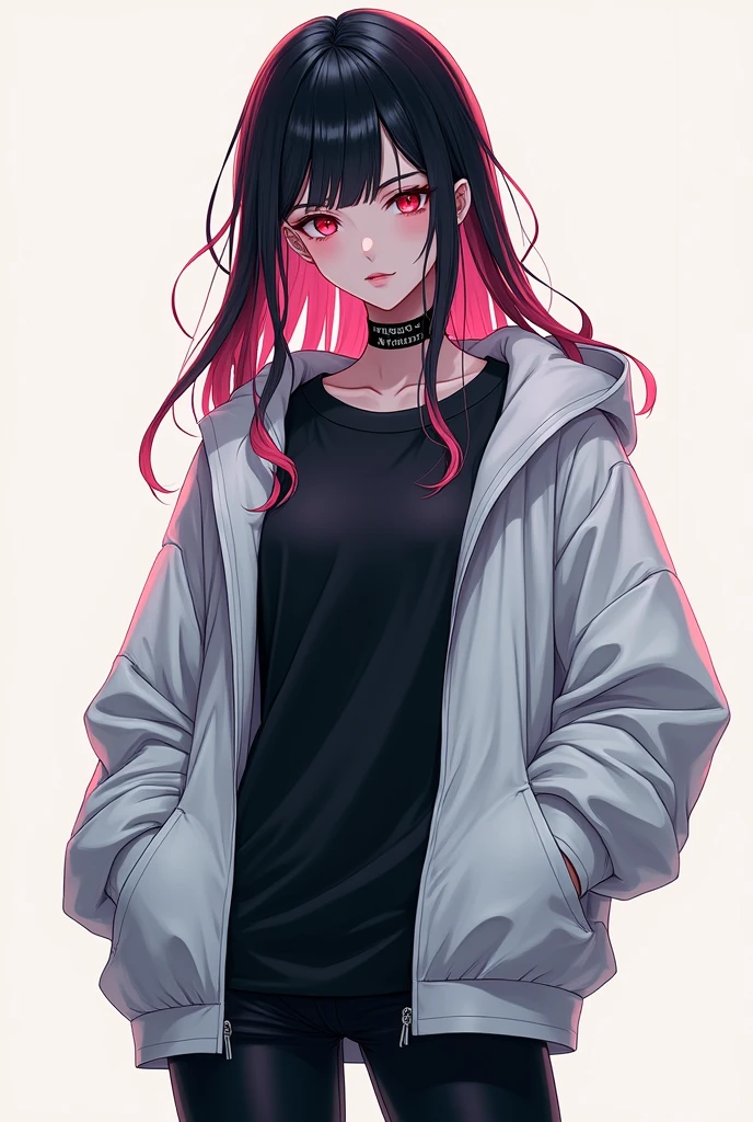 (masterpiece, best quality, very detailed), (beautiful face details), (beautiful eye details), (beautiful hand details), high contrast, (best lighting, very smooth and beautiful), very detailed, intricate details, ( 1 girl, solo, black and white multicolored hair, sharp face, long hair, red eyes, hair between the eyes), a woman with an open white hooded jacket, wearing a black t-shirt underneath and black pants, single character whole body, whole concept body, modern futuristic anime style