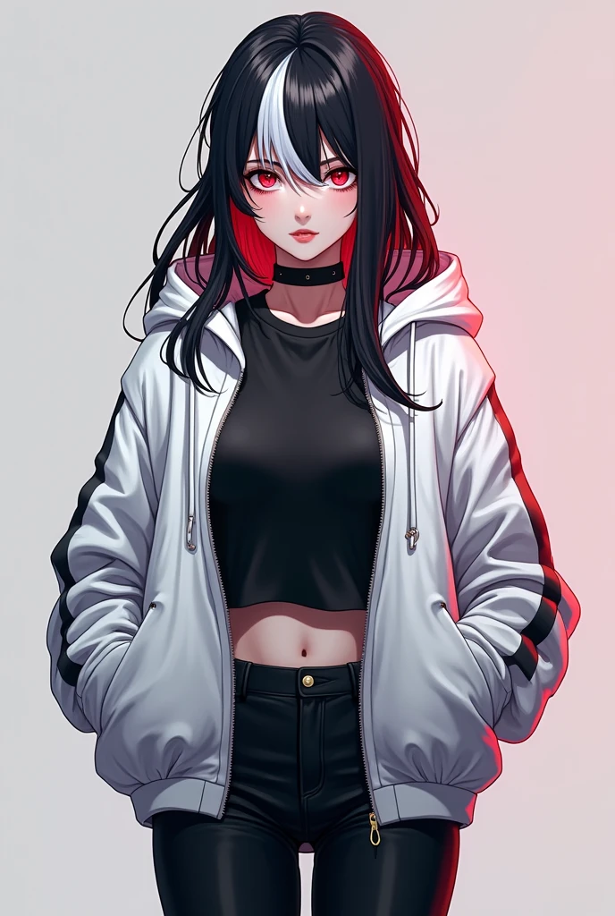 (masterpiece, best quality, very detailed), (beautiful face details), (beautiful eye details), (beautiful hand details), high contrast, (best lighting, very smooth and beautiful), very detailed, intricate details, ( 1 girl, solo, black and white multicolored hair, sharp face, long hair, red eyes, hair between the eyes), a woman with an open white hooded jacket, wearing a black t-shirt underneath and black pants, single character whole body, whole concept body, modern futuristic anime style