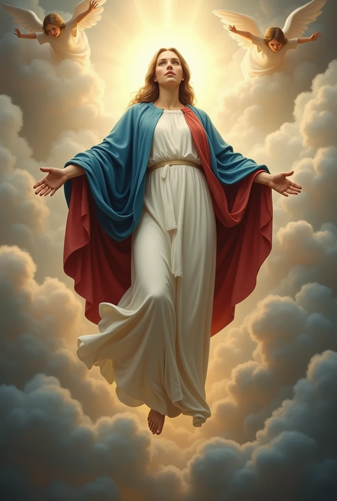 Crie uma imagem realista, Where the Virgin Mary ascends to heaven as a saint. White religious clothing and blue and red robe. The image needs to reflect the passage in the Bible where Paul describes his rapture.