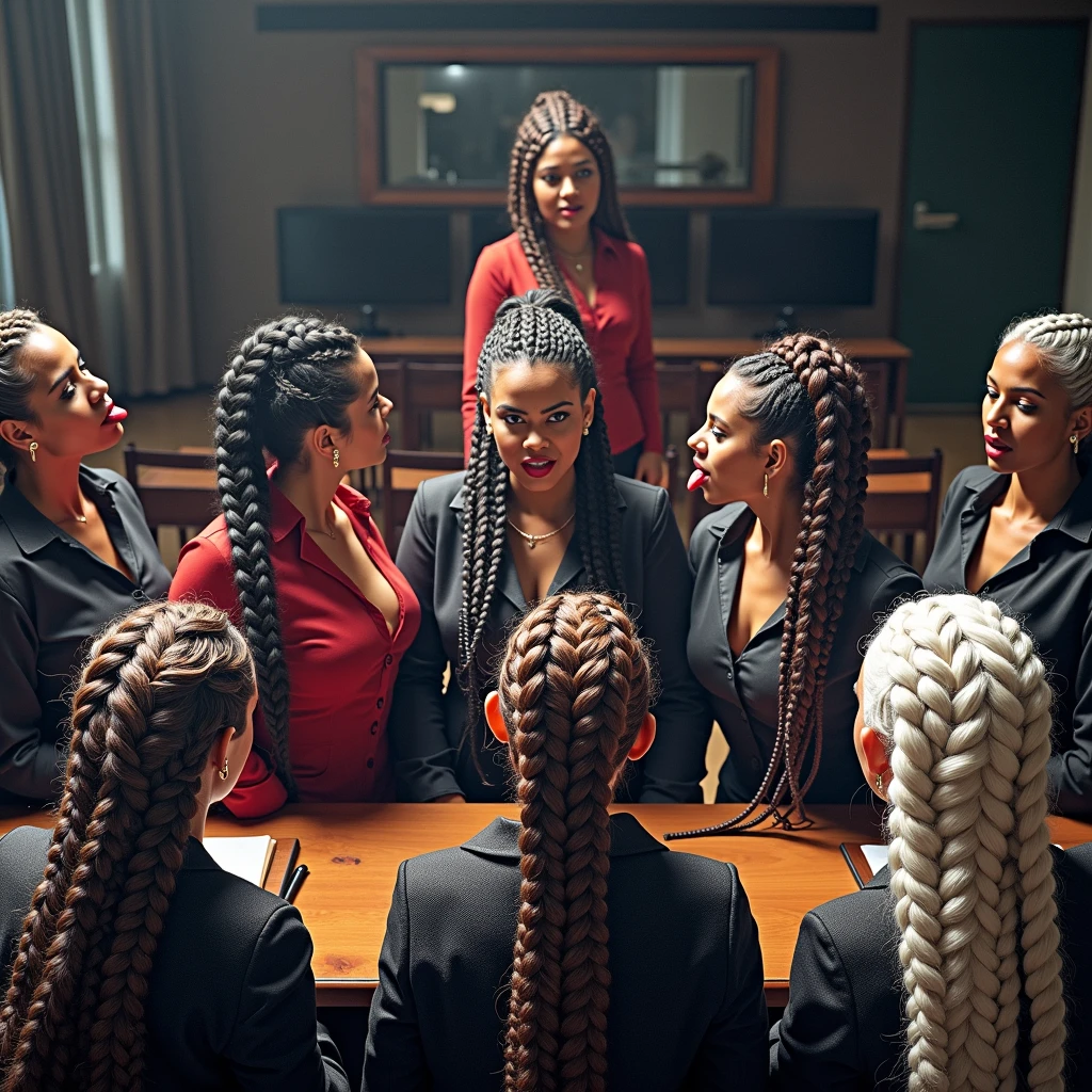 in luxerius sorrounded bright lighted modern indian classroom,6 indian lady teacher and their 6 fourteen eldery lady students,While cornrow braided two teachers are teaching scalp conrnrow braided studednts are studying,viewer can see different colors of scalp conrow braided theirs hairs with black,white,black and white,brown,gray & black,gray,silver likewise exact as per image prompt,These cornrow braided are in ponytailed and ralpuzel bushy from ponytailes as per image prompt,Their braided head scalps also can be see nicley,hese ladies are with dress in as per image prompt,all four of them,with their hairs respectively gray-black color for the all eldery ladies hairs in as per image prompt,their long,conrowed braided hairs spills on the floor to the viewer's,red lipsstick,natural tongues pulled out,licking the kneeled lady' eldery gray-black conrow braids like she is being raped excat in prompt,These all four ladies' faces are with showing full of sexual wildness showing out from their faces exact as in image prompt,Their eyes are fullfill with sexual wildness with raping hair braids as per the imahe prompt,(Show me their tongues,long tongues,1.4) styled with 100000 liters hair oil,hairs like viscus oiled pulp,slick combed hair lines highly visible,{{{{Ladies wears perfect dresses in perfect busty}}}},{{{{{NSFW}}}}},{{{{{{Hairs highly soaked}}}}}},{{{Hairs Drenched in water}}}}},{{{slick combed hair lines}}}},{{{{Hairlines reflecting shinning like mirrors with water}},{{{{{Showcase full bodies perfect figures}}}}},{{{{{High resolution perfecr color grading}}}}}},{{{Perfect cornrow braided hairs on all three ladies exactly in image prompt}}}}}}},((((((((Generate ethnicity as indian aged eldery sexy build ladies))))))))),((((((Generate wildness poses where shows the elderity and maturity of the sexually wildness and extremly extremly wildness in to hair licking by their tongues exatly as image prompt))))