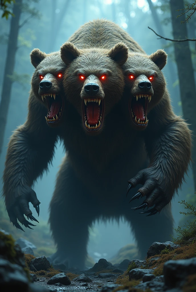一頭のBearから頭が3つ生えている、Angry、Bear、monster、My eyes are glowing、night