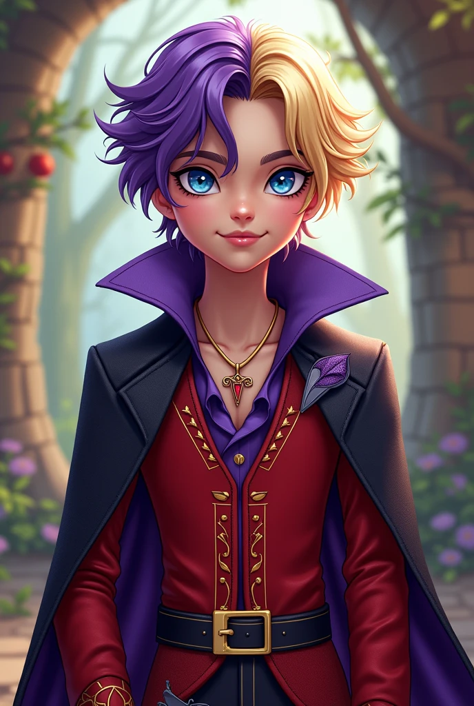 Imagem do filho da Raven Queen e da Apple White de Ever After High: LnF , A boy, with blonde and purple hair, Caucasian skin, blue colored eyes, red and purple outfit with apple and crow elements on the outfit
