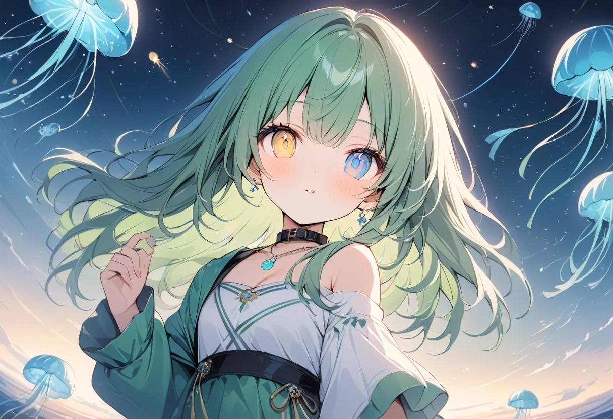 Milky Way, rocket, jellyfish, shooting star, Cute art. chibi character,look up,woman. Digital Art. Pleasant tranquility, More Gal,long hair,(Green Hair),Oblique bangs Piercings,necklace,(Jade Gemstones),Collar with jewels,Gemstone light reflection cool,Look this way,Heterochromia iridis,Blue eyes,(Yellow Eyes),Big pupils One-shoulder dress,Volume sleeve,(black),Hisui's writing,Green Night,Backlight,masterpiece,Highest quality,Exquisite,8k,Absurd,Ultra-fine illustrations,(View your viewers),