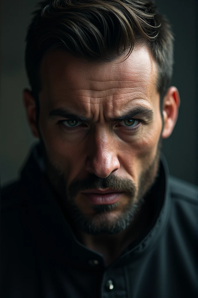 Create a real image of a man with his fave looking determined and serious to achieve a goal. The background is a little dimmed 