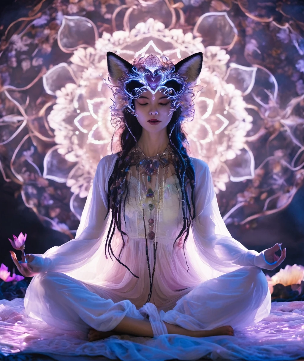 Full body photography of girl in lotus pose,Anatomically correct,Raw, Movie Lenses, (Clear focus:1.5), (Reality:1.4), Dusk lighting, Volumetric Lighting, Ultra-high resolution, 16K,Dramatic Lighting, White background:1.5)(tangled,Mandala,Tangle,Entanglement:0.7)Fox Demon,Fox Mask,Short coat, Foxfire Curse, fox family, Transformation, Depth of Field, Dreamy atmosphere, The most beautiful form of chaos, grace, Dark theme of Fauvist design, Flower of Death, Flowers of ecstasy,Glowing Line,Glow Example,Tracking Example,flash, Backlight,translucent,Light Particles,HILL