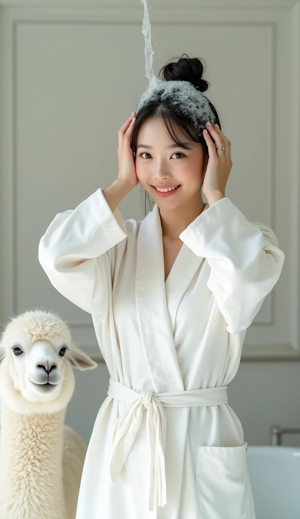 Create an Asian beauty,Standing on the ground,Hair in a bun,Beautiful beautiful big eyes,Regular facial features,Wearing a white satin bathrobe,Scratch your scalp with both hands,Two hands washing hair on top of head,There is a lot of real white foam and water on the hair,Foam wrap head,Real bubbles,Open your eyes,The expression is happy,The characters are realistic and realistic,There is a pure white cute alpaca next to it,Showing the whole body of the alpaca,Pure white high-end bathroom background,Character front position,9:16 frames,Ultra-high-definition picture quality