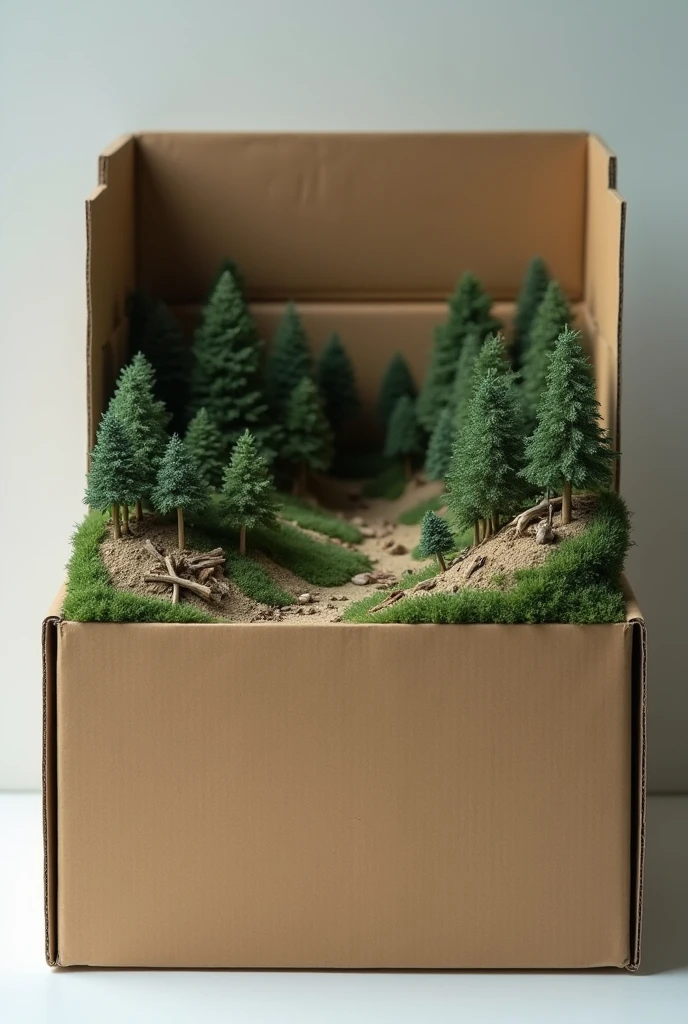 Deforestation model in temperate climate in a covered carboad box at all sides ecept the front  
Less crowded