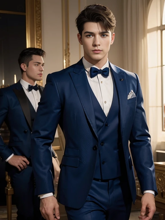 ((masterpiece)),((best quality)),8K,high detail,Very detailed, Very manly，3 men, like，fashion pose, Realistic skin texture, Light,
Royal blue style couple，Perfect hand details