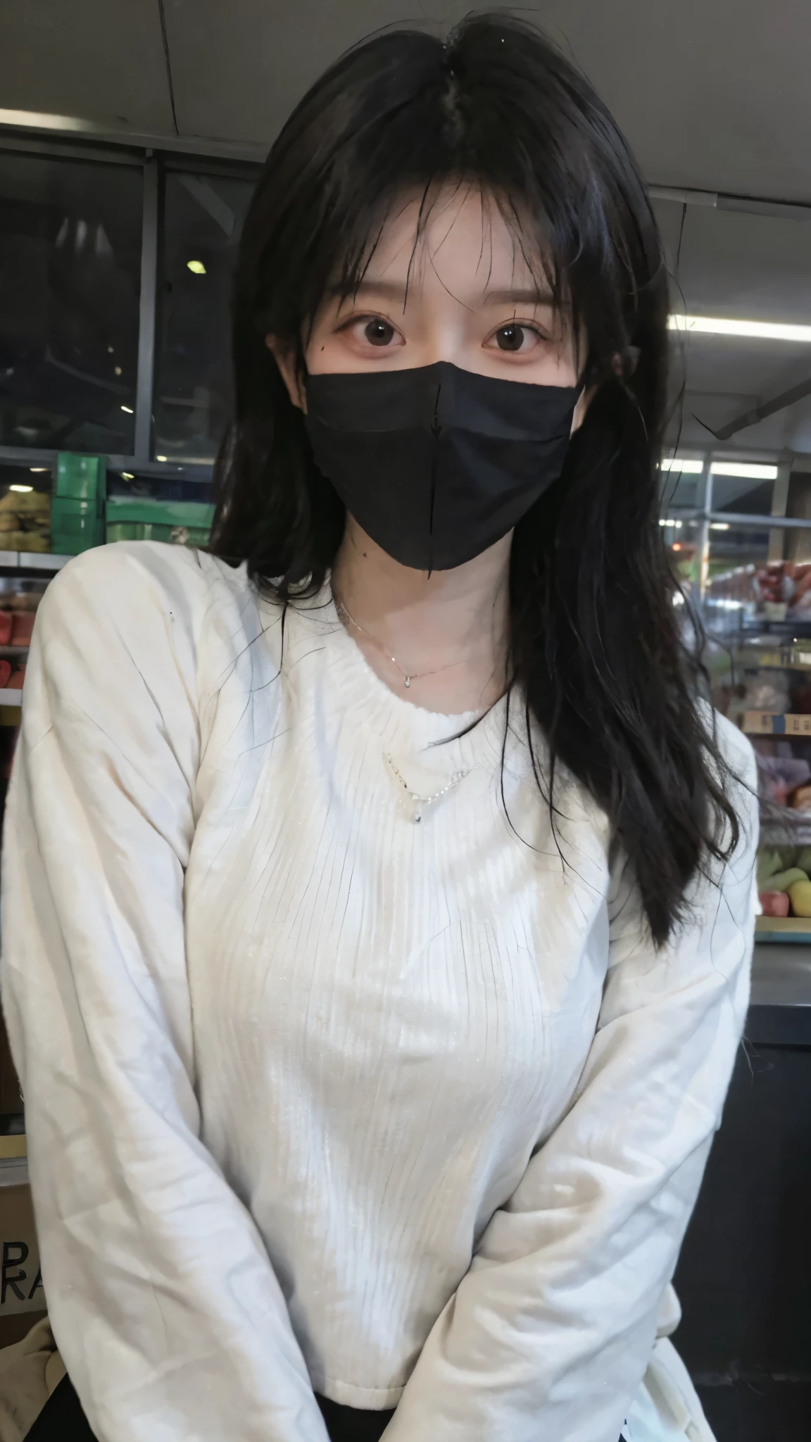 wear mask,Best quality,wear mask,Ultra-high resolution,(Realism:1.4),wear mask,Cute hairpins,girll,Cropped black sweater,wear mask,Look directly at the audience,Full of atmosphere,Beautiful woman with a slim figure:1.4,supermarket,whole body,Super delicate face,Exquisite eyes,Double eyelids,necklace