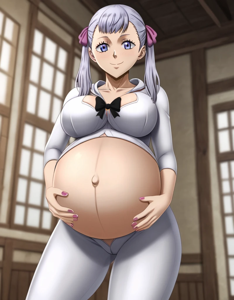 noelle_blackclover, Noelle Silva, Black Clover, long silver hair, waist-length hair, half-up half-down hairstyle, ribbon, side-parted bangs, almond-shaped blue eyes, high-quality, ultra-detailed, beast quality, 8K resolution,
looking at viewer, dutch angle, cowboy shot, smile, pregnant belly, large belly, big belly, big Breasts, belly button,
1girl,solo, indoors, happy, Smiling, rub belly,
full body, Nail polish,