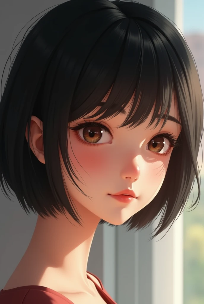 A realistic animated black short hair female aesthetic for profile picture