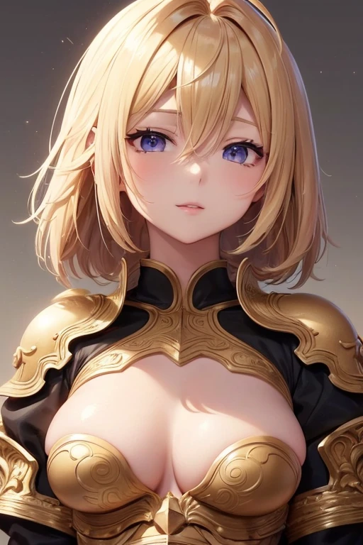 High resolution, One person, Detailed face, Anime CG style, (Beautiful breasts), (23-year-old woman), No background,Good lighting, Portrait Image,Perfect body, Drooping eyes,Eyes Wide Open,Blonde,Short Layer Hair,Soft, fluffy hair,Long Ahoge,Strapless Armor