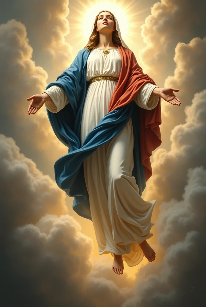 Crie uma imagem realista, Where the Virgin Mary ascends to heaven as a saint. White religious clothing and blue and red robe. The image needs to reflect the passage in the Bible where Paul describes his rapture.