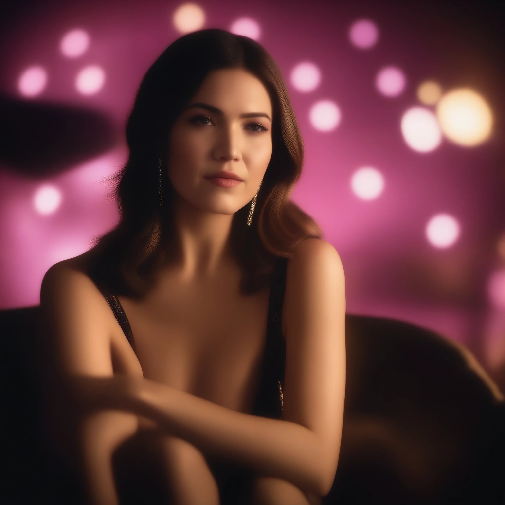 best quality, highres, 8k, masterpiece, photography, Mandy Moore strikes a cheeky and suggestive pose as a Playboy magazine bunny/playmate, 40 years old, a girl, long hair, (real skin texture: 1.3), (slender figure: 1.1), bright and shiny lips, (Immersive Ambience, Chiaroscuro: 1.5, Dim Light: 1.2, Glow Lighting), (Bokeh: 1.5), Blurred, delicate facial features, bunny ears, lingerie, see-through stockings and garters, night, (Fuji colors: 1.5), film grain