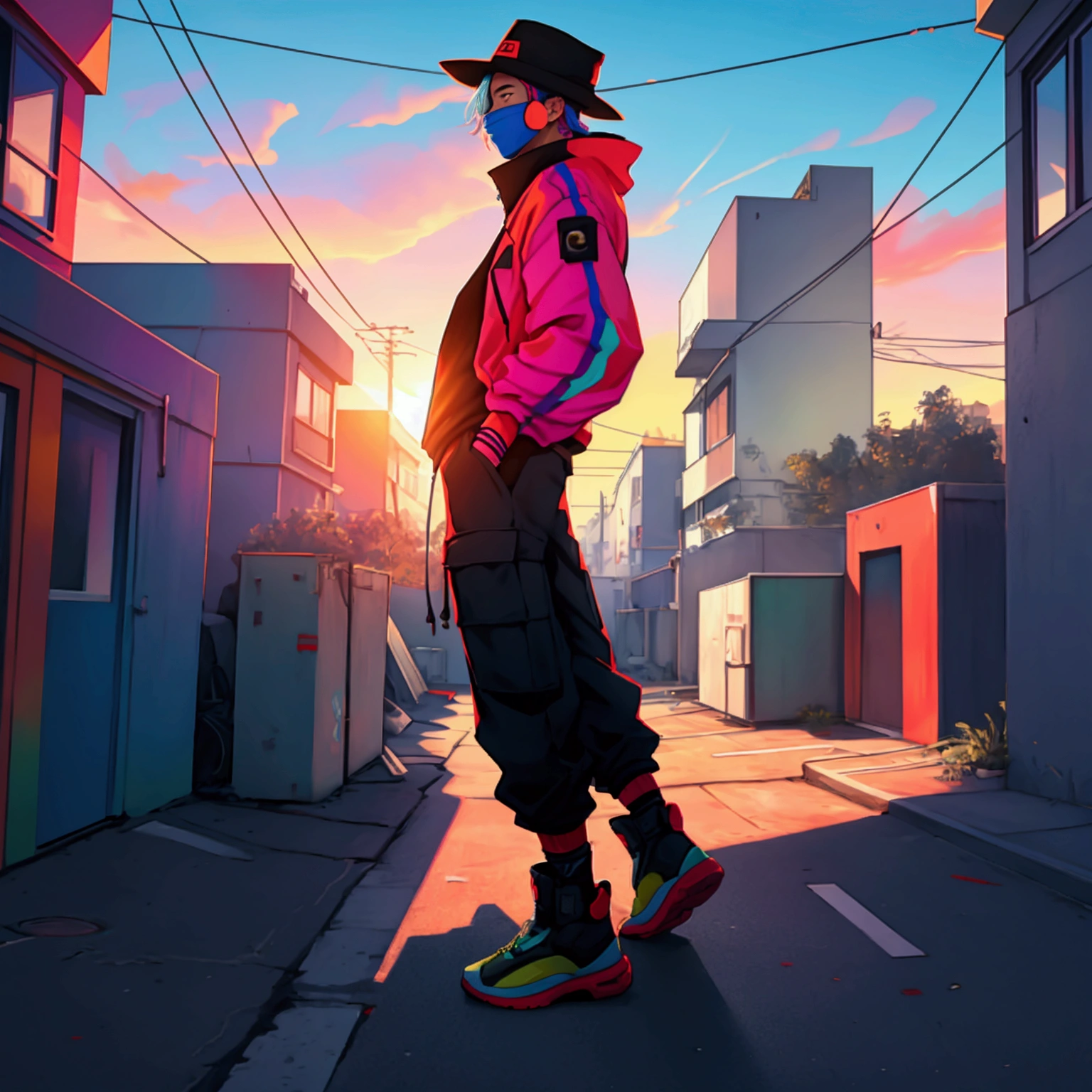 Album Artwork of an urban landscape featuring a psychedlic sunset with VIBRANT COLORS AND a boy of 20 years in the rooftop of a building swearing urban clothes with a conic douli hat without revealing his face.