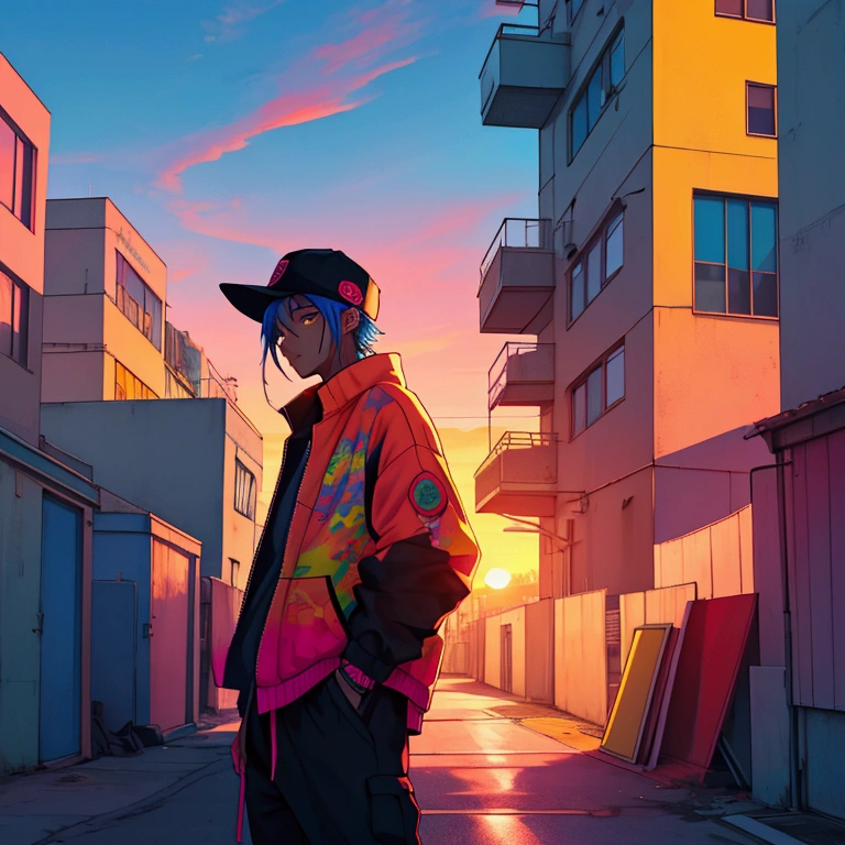 Album Artwork of an urban landscape featuring a psychedlic sunset with VIBRANT COLORS AND a boy of 20 years in the rooftop of a building swearing urban clothes with a conic douli hat without revealing his face.